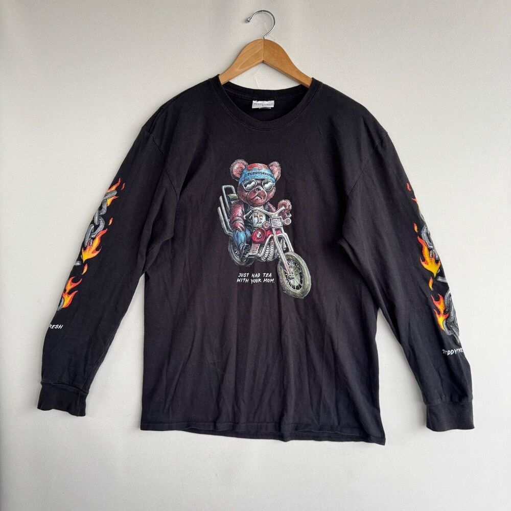 Teddy Fresh Mens Y2k Graphic Tee Black Large Streetwear Biker Rock Moto Grunge